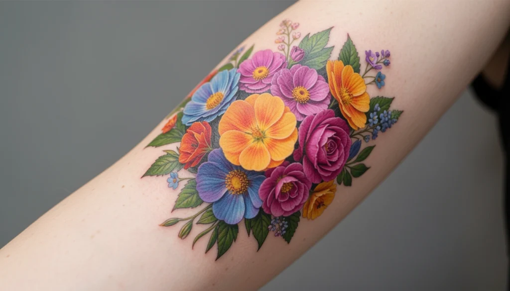 colorful flower bouquet tattoo