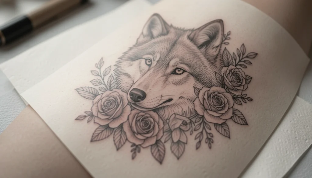 floral wolf tattoo for women